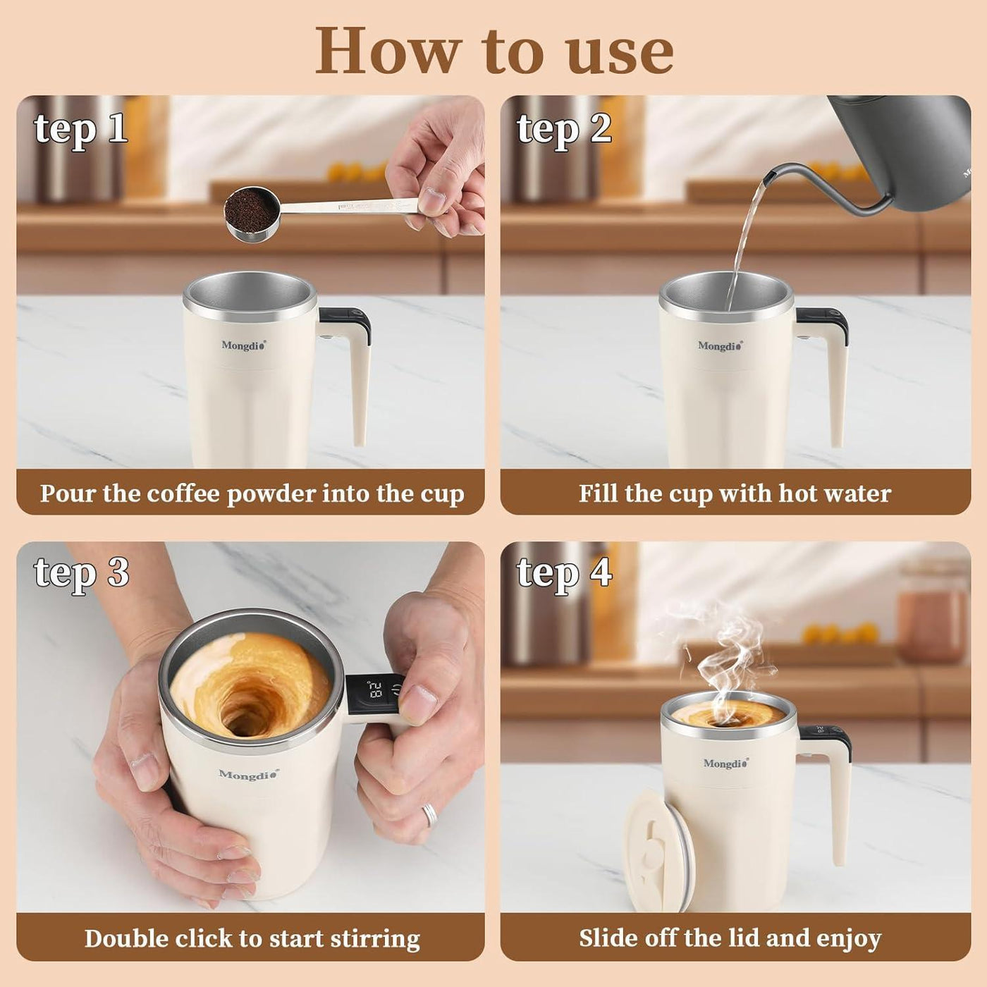 12oz Mocha Self-Stirring Coffee Mug with Temperature Display – Rechargeable Automatic Mixing Cup with Lid for Coffee, Milk & Other Drinks (White)