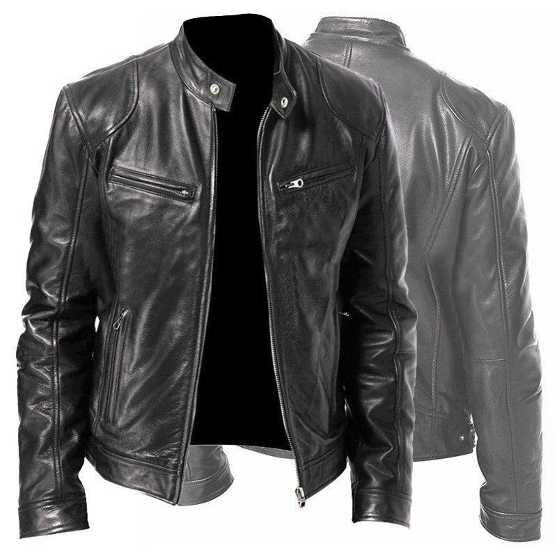 Men’s PU Leather Zip-Up Jacket with Stand Collar & Pockets – Stylish Short Cardigan Coat