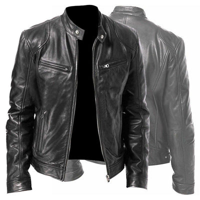 Men’s PU Leather Zip-Up Jacket with Stand Collar & Pockets – Stylish Short Cardigan Coat