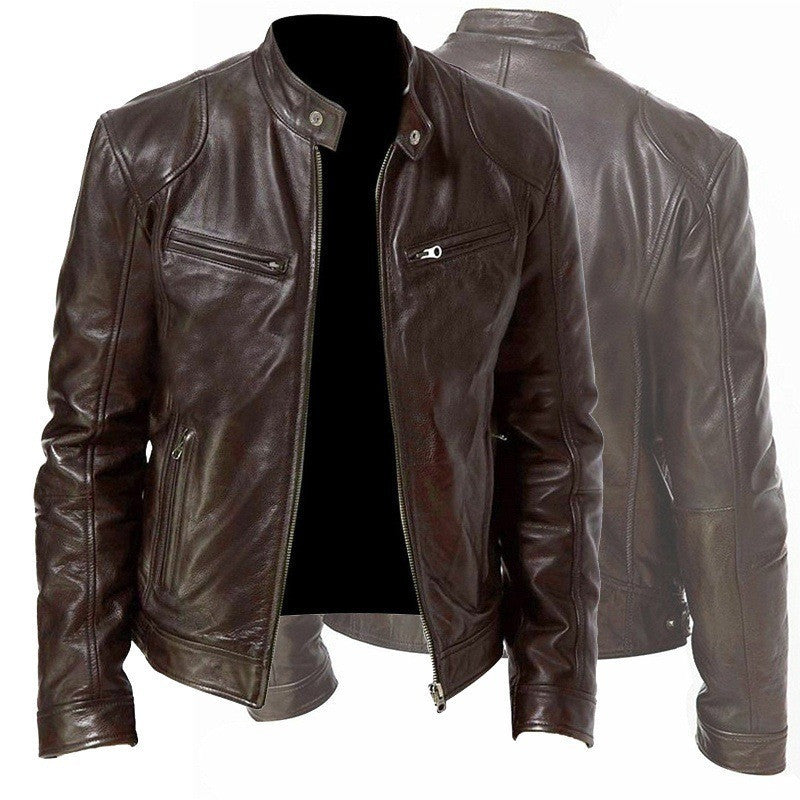 Men’s PU Leather Zip-Up Jacket with Stand Collar & Pockets – Stylish Short Cardigan Coat