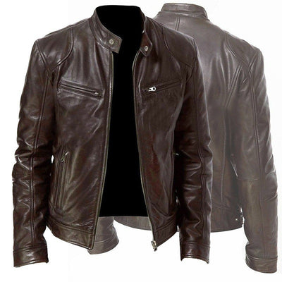 Men’s PU Leather Zip-Up Jacket with Stand Collar & Pockets – Stylish Short Cardigan Coat