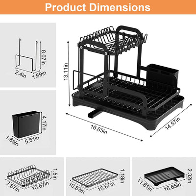 1-Piece 2-Tier Rustproof Kitchen Dish Drying Rack with Drainboard, Utensil Holder & Chopping Board Organizer