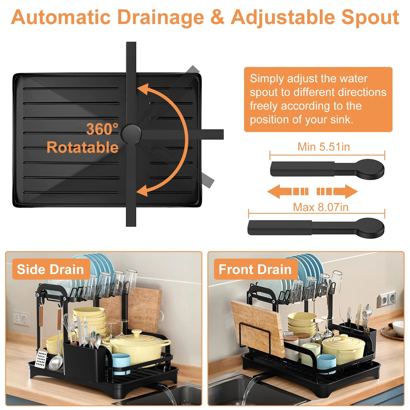 1-Piece 2-Tier Rustproof Kitchen Dish Drying Rack with Drainboard, Utensil Holder & Chopping Board Organizer