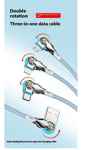 3-in-1 Rotating Fast Charge Data Cable | Multi-Device USB Charging Cable with Double Bend Design