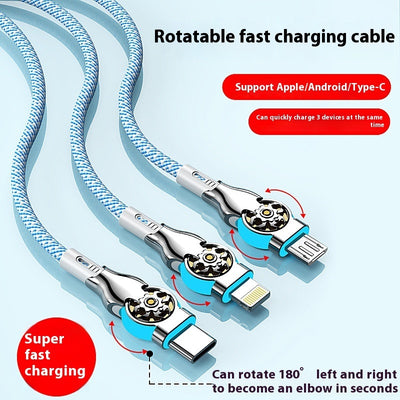 3-in-1 Rotating Fast Charge Data Cable | Multi-Device USB Charging Cable with Double Bend Design