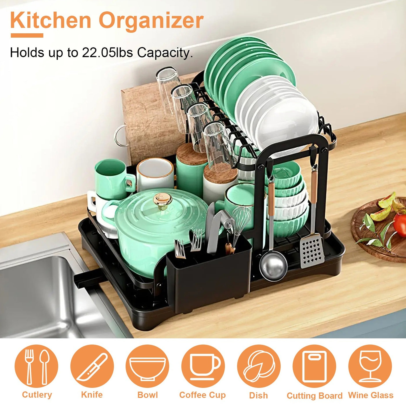 1-Piece 2-Tier Rustproof Kitchen Dish Drying Rack with Drainboard, Utensil Holder & Chopping Board Organizer