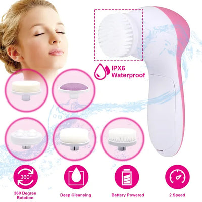 Waterproof Facial Cleansing Brush with 5 Interchangeable Spin Brush Heads – Deep Skin Cleaning Tool for Women