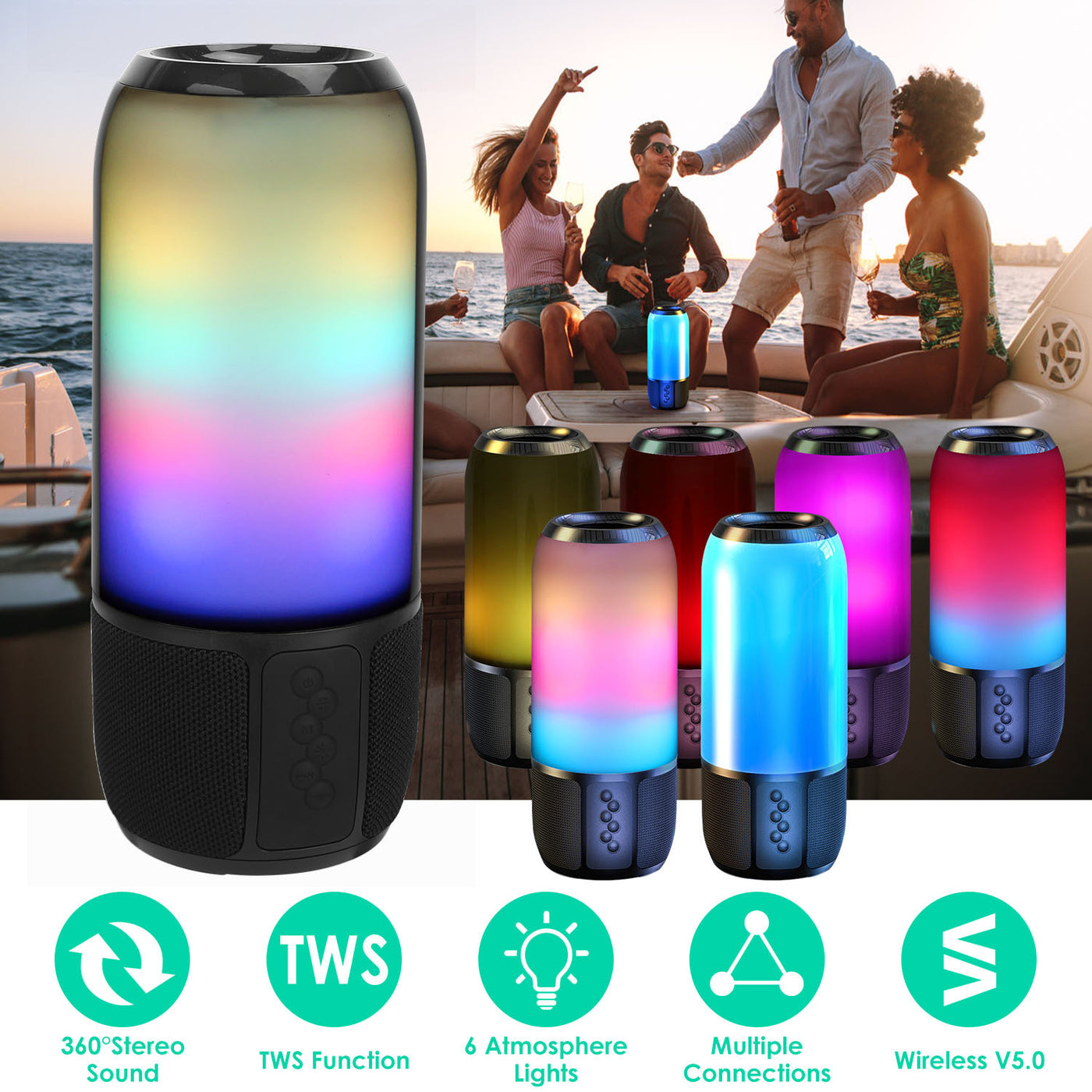 1-Piece Wireless Portable Bluetooth Speaker – Loud Stereo with 6 Color LED Lights, TWS, FM Radio for Home, Outdoor & Travel