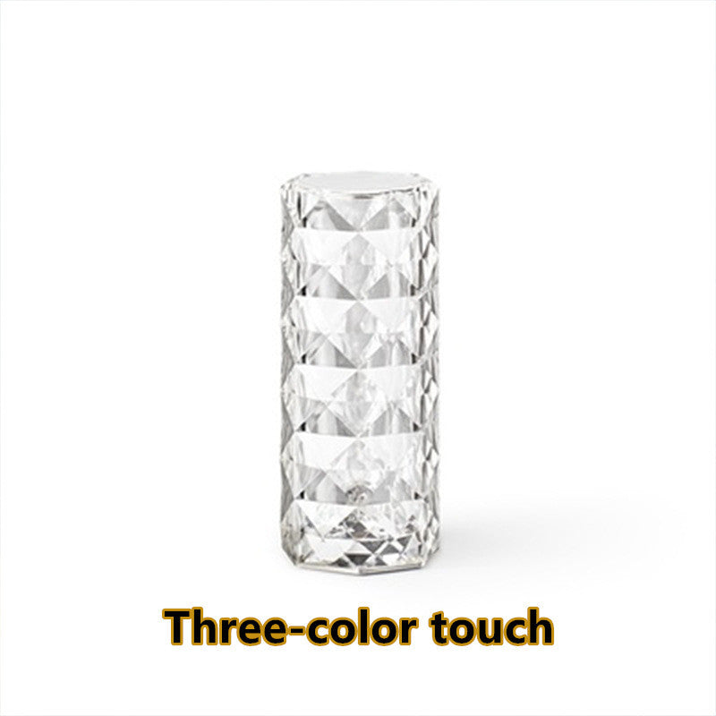 Nordic Crystal Touch Lamp – USB Rechargeable Diamond Night Light with Dimming Control & Rose Projection for Bedroom Décor