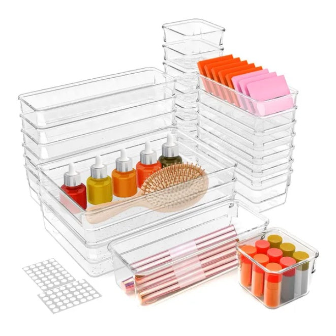 25-Piece Clear Plastic Drawer Organizer Set – Versatile Storage Bins for Makeup, Office, Kitchen & Bathroom Drawers