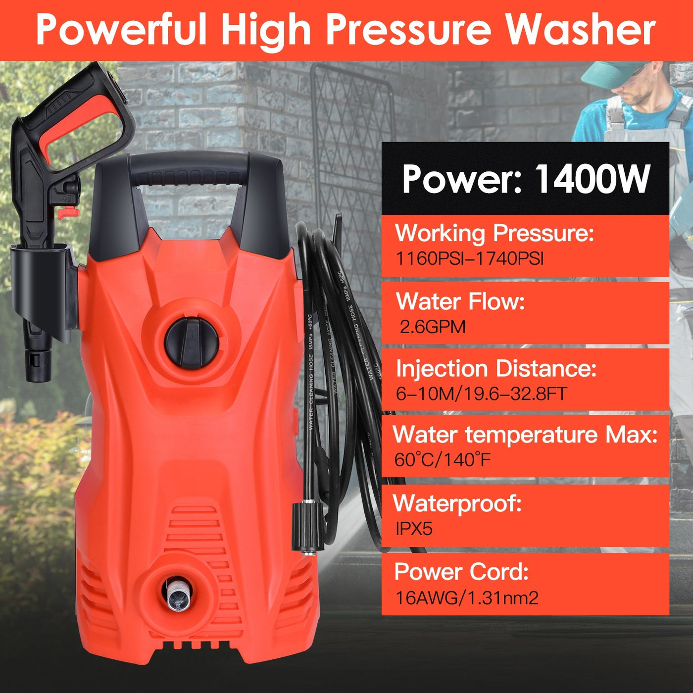 1Pc Electric High-Pressure Washer 1740 PSI – Powerful Car & Garden Cleaner with Adjustable Spray Nozzle, Soap Dispenser, and IPX5 Waterproof Design
