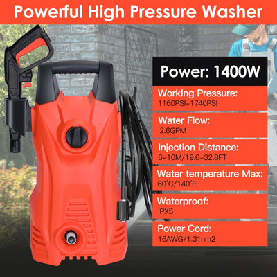 1Pc Electric High-Pressure Washer 1740 PSI – Powerful Car & Garden Cleaner with Adjustable Spray Nozzle, Soap Dispenser, and IPX5 Waterproof Design
